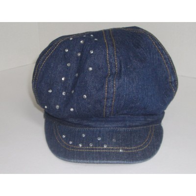 WOMEN"S BLUE DENIM BERET CAP / HAT WITH VISOR & RHINESTONES  eb-58324187